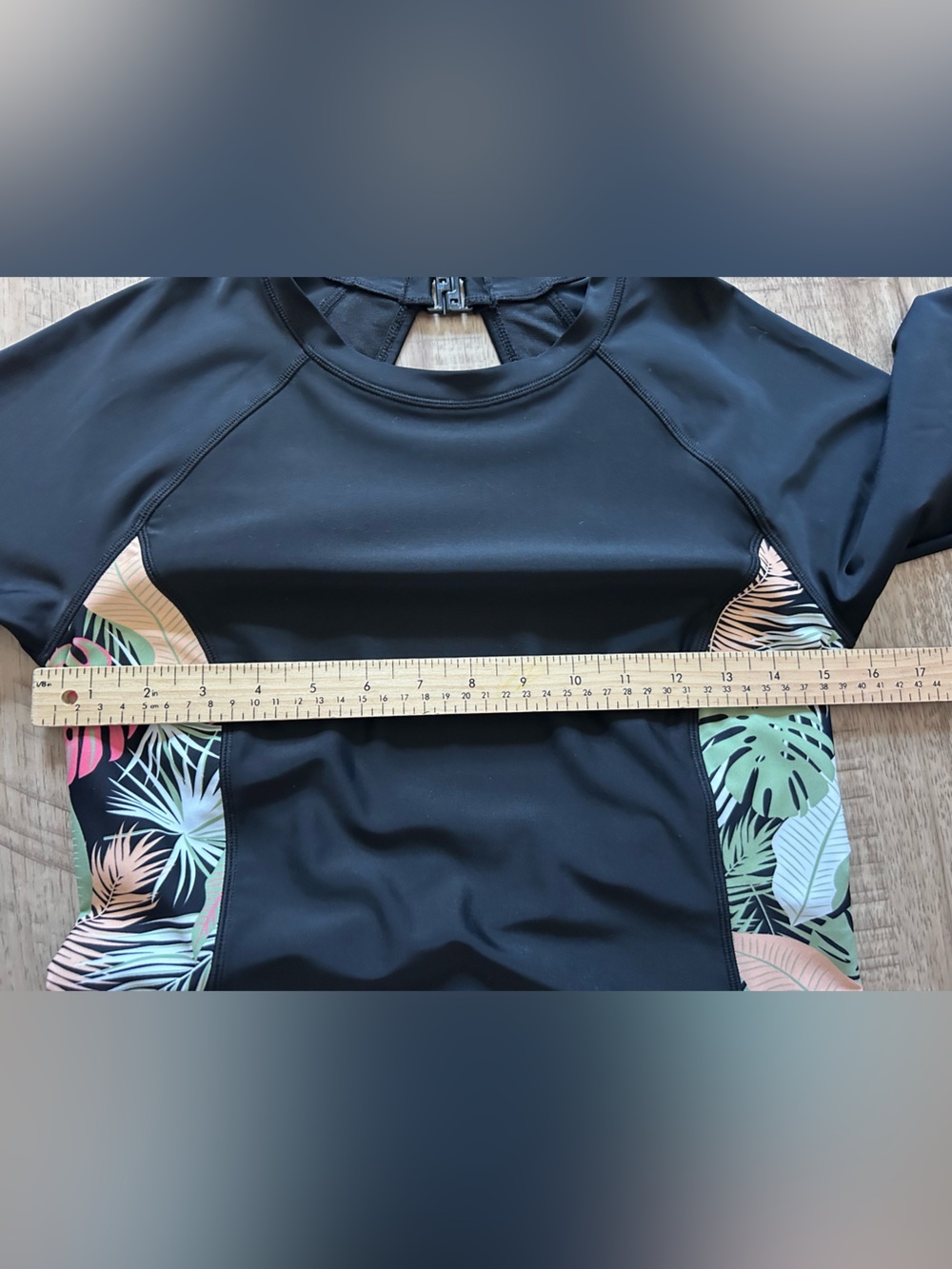 Black Long Sleeve One-Piece Swimsuit with Tropical Side Panels scoop back modest - Picture 4 of 8